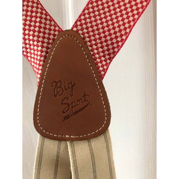Vintage Big Sport Red & Tan Checkered Suspenders Leather Elastic Braces Silver - Picture 7 of 9